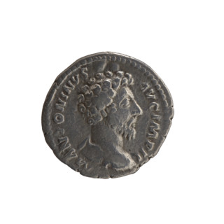 Denarius of Marcus Aurelius (121–180; Roman emperor 161–180). Obverse: Bust of Marcus Aurelius