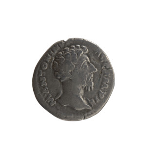 Denarius of Marcus Aurelius (121–180; Roman emperor 161–180), 163–164. Obverse: Head of Marcus