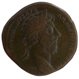 Sestertius, Marcus Aurelius (121–180; Roman emperor 161–180), issuer. Obverse: Head of Marcus