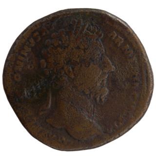 Sestertius, Marcus Aurelius (121–180; Roman emperor 161–180), issuer. Obverse: Head of Marcus