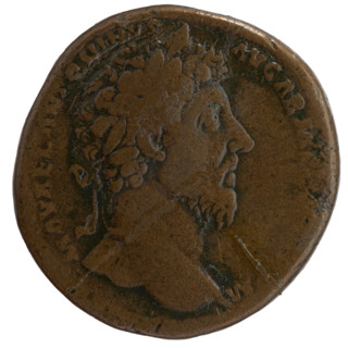Sestertius, Marcus Aurelius (121–180; Roman emperor 161–180) (issuer). Obverse: Head of Marcus