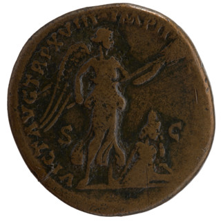 Sestertius, Marcus Aurelius (121–180; Roman emperor 161–180), issuer; obverse: head of Marcus