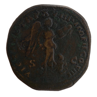 Sestertius, Marcus Aurelius (121–180; Roman emperor 161–180), issuer. Obverse: Head of Marcus