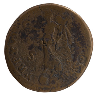 Sestertius of Marcus Aurelius (121–180; Roman emperor 161–180). Obverse: head of Marcus Aurelius in