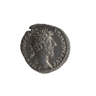 Denarius, Marcus Aurelius (121–180; Roman emperor 161–180), c. 164–165. Obverse: Head of Marcus