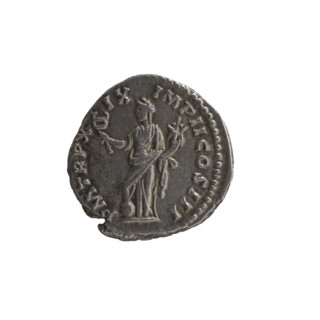 Denarius, Marcus Aurelius (121–180; Roman emperor 161–180), c. 164–165. Obverse: Head of Marcus
