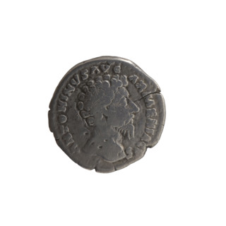 Denarius of Marcus Aurelius (121–180; Roman emperor 161–180). Obverse: Head of Marcus Aurelius