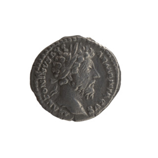 Denarius of Marcus Aurelius (121–180; Roman emperor 161–180), 165. Obverse: Head of Marcus Aurelius