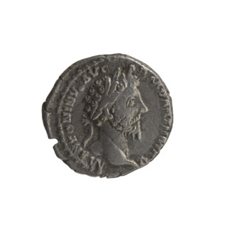 Denarius of Marcus Aurelius (121–180; Roman emperor 161–180). Obverse: Head of Marcus Aurelius in a