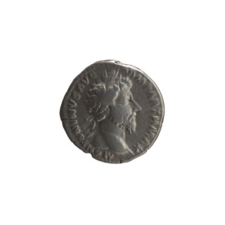 Denarius of Marcus Aurelius (121–180; Roman emperor 161–180). Obverse: Head of Marcus Aurelius in a
