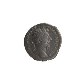 Denarius of Marcus Aurelius (121–180; Roman emperor 161–180). Obverse: Head of Marcus Aurelius in a