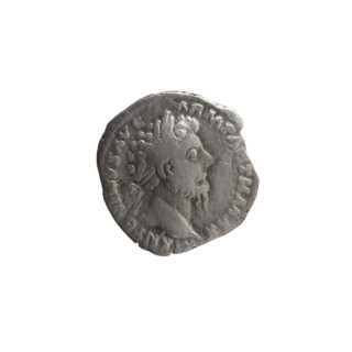 Denarius of Marcus Aurelius (121–180; Roman emperor 161–180). Obverse: Head of Marcus Aurelius in a