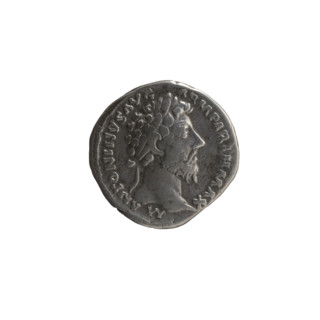 Denarius of Marcus Aurelius (reigned 161–180). Obverse: Head of Marcus Aurelius with laurel wreath