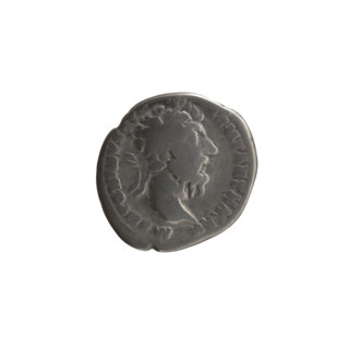 Denarius of Marcus Aurelius (121–180; Roman emperor 161–180). Obverse: Head of Marcus Aurelius with