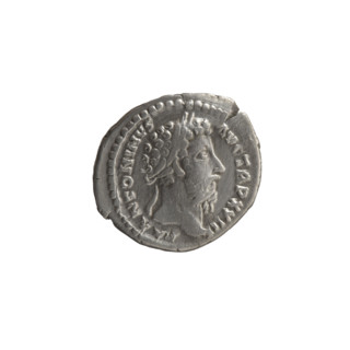 Denarius of Marcus Aurelius (121–180; Roman emperor 161–180), 168–170. Obverse: Head of Marcus
