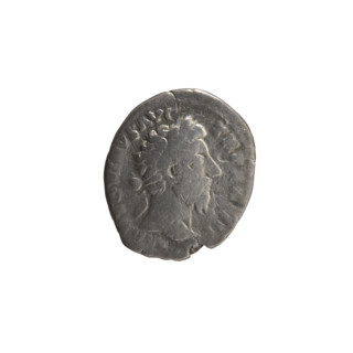 Denarius of Marcus Aurelius (121–180; Roman emperor 161–180). Obverse: Head of Marcus Aurelius with