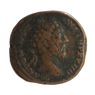 Sestertius (forgery) depicting Marcus Aurelius (121–180; Roman Emperor 161–180) — after the