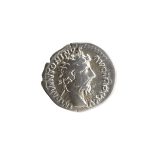 Denarius of Marcus Aurelius (121–180; Roman emperor 161–180), issuer Marcus Aurelius. Obverse: Head