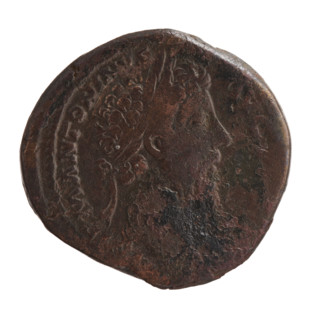Sestertius of Marcus Aurelius (121–180; Roman Emperor 161–180), 170–171. Obverse: Head of Marcus