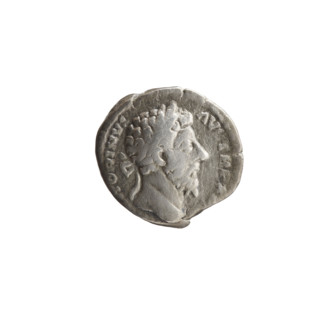Denarius of Marcus Aurelius (121–180; Roman emperor 161–180). Obverse: Head of Marcus Aurelius with