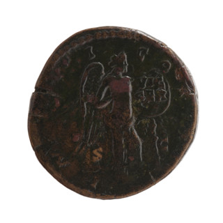 Sestertius of Marcus Aurelius (121–180; Roman emperor 161–180). Obverse: head of Marcus Aurelius