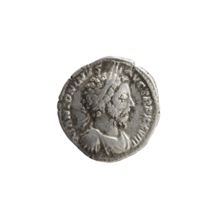 Denarius of Marcus Aurelius (121–180; Roman emperor 161–180). Obverse: Bust of Marcus Aurelius in