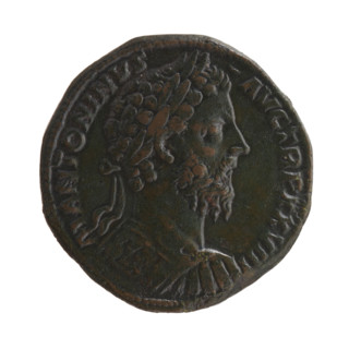 Sestertius, Marcus Aurelius (121–180; Roman emperor 161–180) (issuer). Obverse: Bust of Marcus
