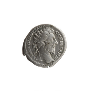 Denarius of Marcus Aurelius (121–180; Roman emperor 161–180). Obverse: Head of Marcus Aurelius in