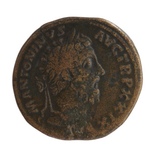 Sestertius of Marcus Aurelius (121–180; Roman emperor 161–180), struck 174–175. Obverse: head of