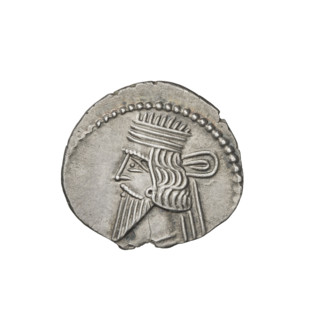 Drachma of Vologases I (51–79). Obverse: bust of Vologases I facing left, wearing a diadem, with a