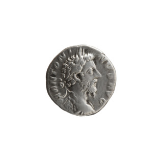 Denarius of Marcus Aurelius (121–180; Roman emperor 161–180). Obverse: Bust of Marcus Aurelius in