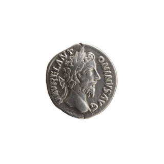 Denarius of Marcus Aurelius (121–180; Roman emperor 161–180). Obverse: Head of Marcus Aurelius with