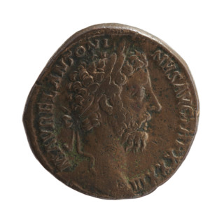 Sestertius of Marcus Aurelius (121–180; Roman emperor 161–180). Obverse: Head of Marcus Aurelius