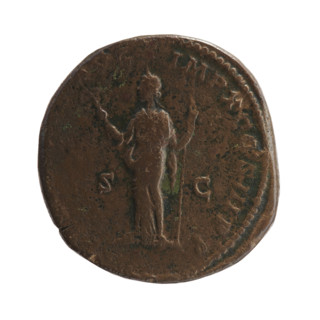 Sestertius of Marcus Aurelius (121–180; Roman emperor 161–180). Obverse: Head of Marcus Aurelius