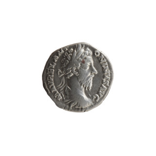 Denarius of Marcus Aurelius (121–180; Roman emperor 161–180). Obverse: Bust of Marcus Aurelius in