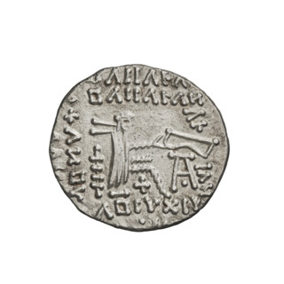 Drachma of Pacorus II (77–109). Obverse: head of Pacorus II in tiara and diadem facing left.