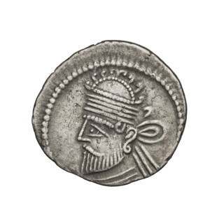 Drachma of Vologases II (77–80). Obverse: head of Vologases II turned left, wearing a tiara