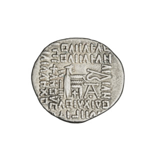 Drachma, Vologases II (77–80). Obverse: head of Vologases II turned left, wearing a tiara decorated