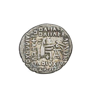 Drachma, Vologases II (77–80). Obverse: head of Vologases II turned left, wearing a tiara decorated