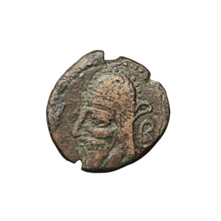 Bronze coin of Vologases V (191–208). Obverse: head of Vologases V left wearing a tiara and a