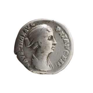 Denarius of Faustina the Younger (ca. 130–176; Roman empress 161–176). Obverse: draped bust of