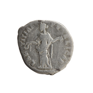 Denarius of Faustina the Younger (ca. 130–176; Roman empress 161–176; Augusta 147–161). Obverse: