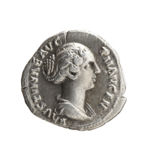 Denarius of Faustina the Younger (ca. 130–176; Roman empress 161–176; Augusta 147–161). Obverse: