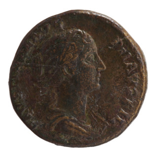 Sestertius of Faustina the Younger (ca. 130–176; Roman empress 161–176; Augusta 147–161). Obverse: