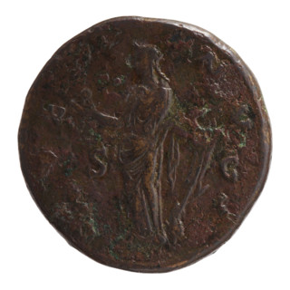 Sestertius of Faustina the Younger (ca. 130–176; Roman empress 161–176; Augusta 147–161). Obverse: