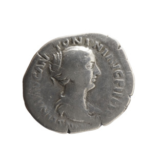Denarius of Faustina the Younger (ca. 130–176; Roman empress 161–176; Augusta 147–161). Obverse: