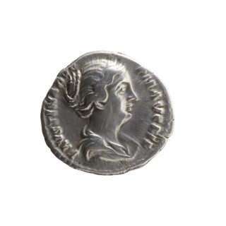 Denarius depicting Faustina the Younger (ca. 130–176; Roman empress 161–176), obverse: draped bust
