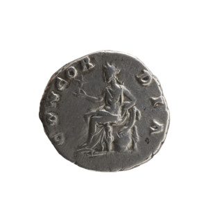 Denarius depicting Faustina the Younger (ca. 130–176; Roman empress 161–176), obverse: draped bust