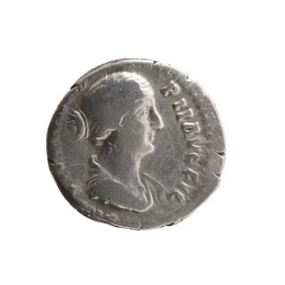 Denarius of Faustina the Younger (ca. 130–176; Roman empress 161–176). Obverse: Draped bust of