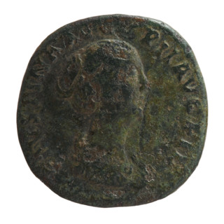 Sestertius of Faustina the Younger (ca. 130–176; Roman empress 161–176; Augusta 147–161). Obverse: